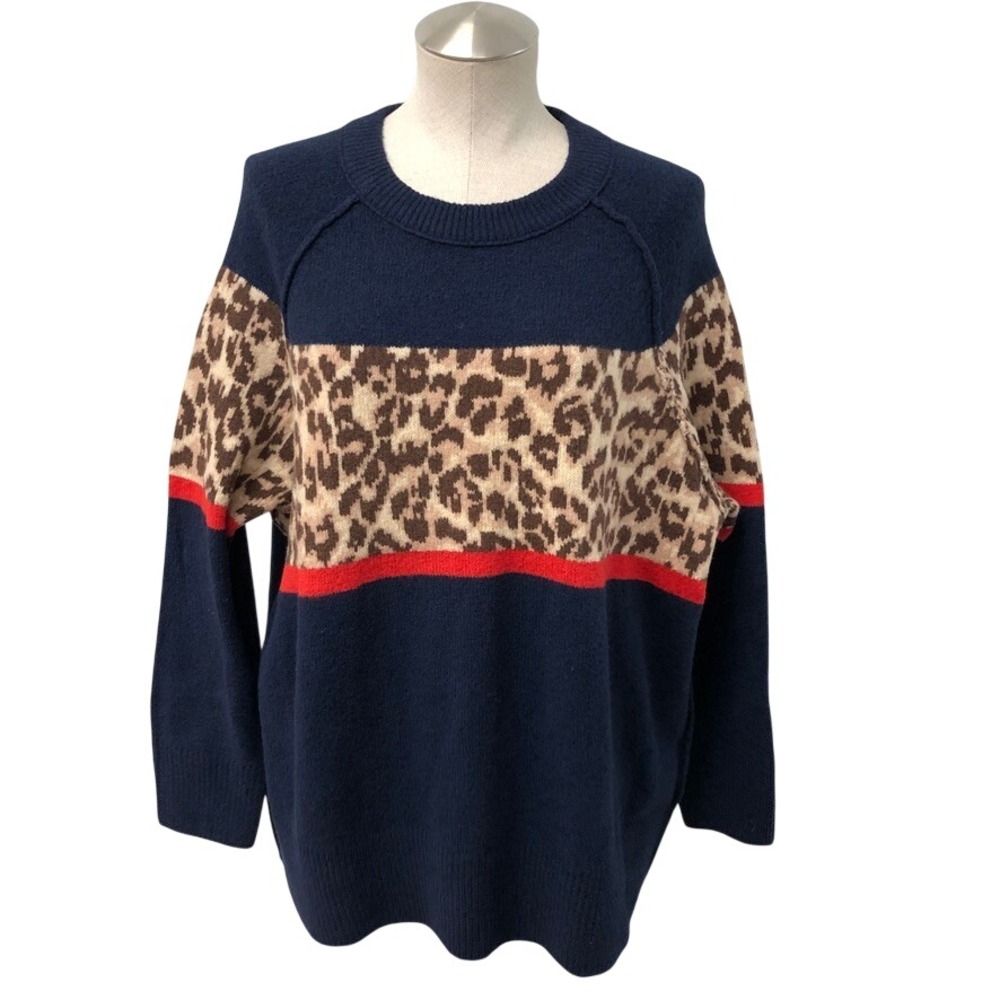 Aerie Sweater Womens Medium Womens Navy Blue Leopard Colorblock Crew Neck Knit